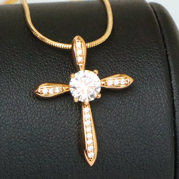 "Elegant Cross Pendant with Center Solitaire in Rose Gold Finish, XPPT1828 - Picture 1 of 13